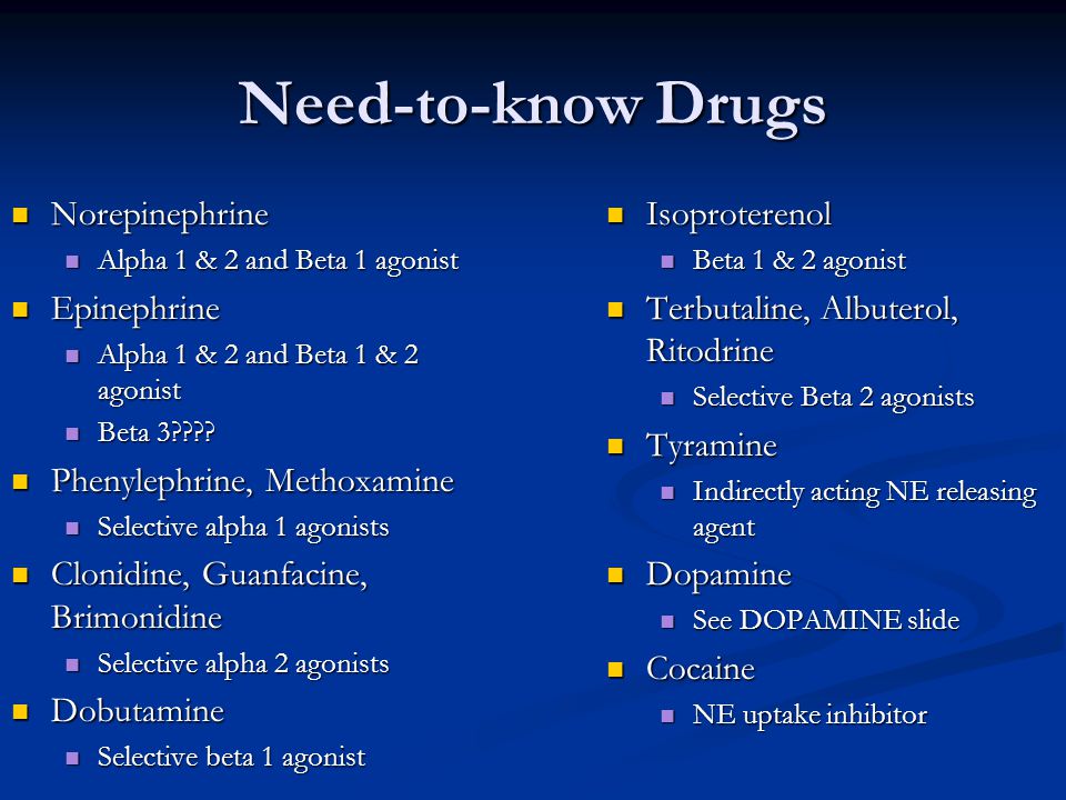 Catecholamine Agonists and Antagonists. Need-to-know Drugs Norepinephrine  Norepinephrine Alpha 1 & 2 and Beta 1 agonist Alpha 1 & 2 and Beta 1 agonist.  - ppt download