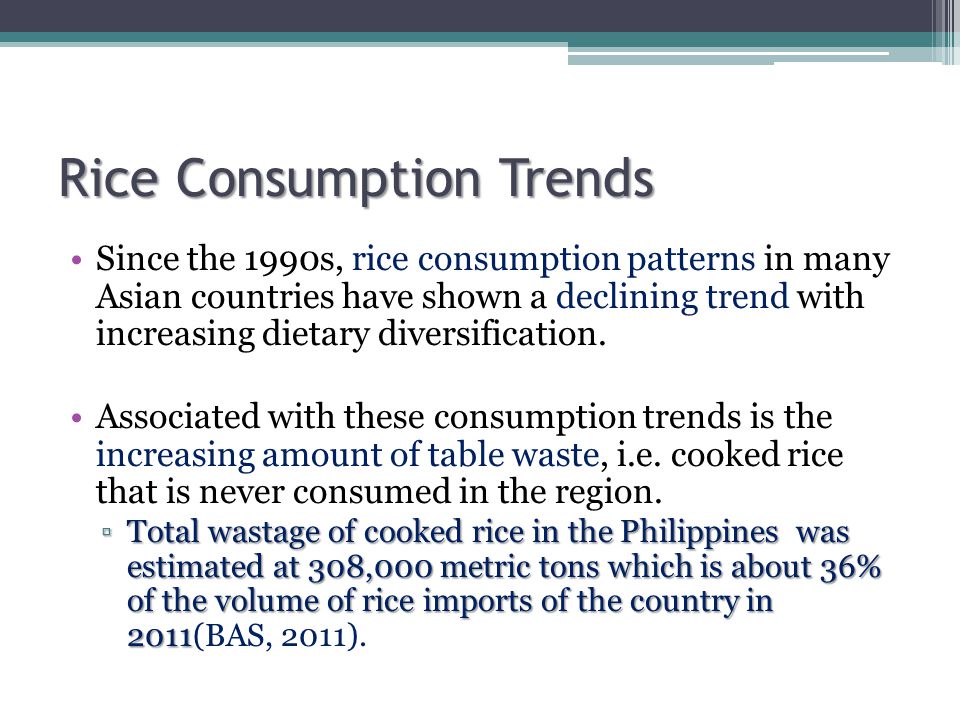 Rice Consumption Trends Since the 1990s, rice consumption patterns in many Asian countries have shown a declining trend with increasing dietary diversification.