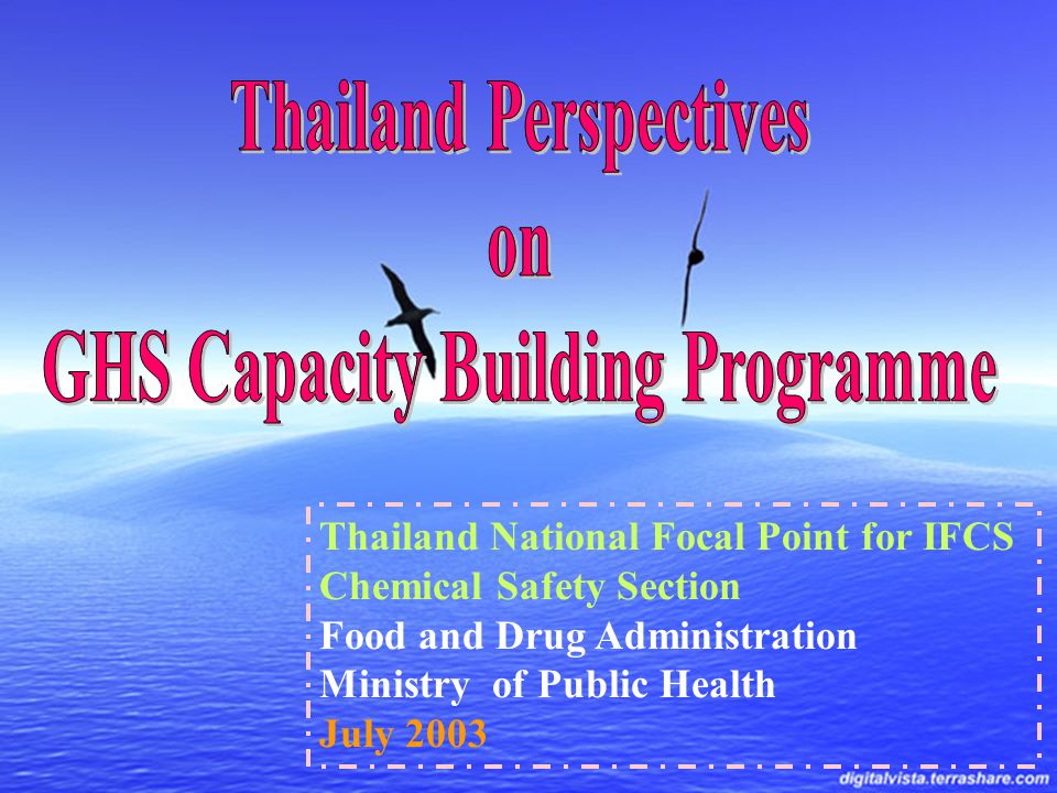 Thailand National Focal Point for IFCS Chemical Safety Section Food and Drug Administration Ministry of Public Health July 2003