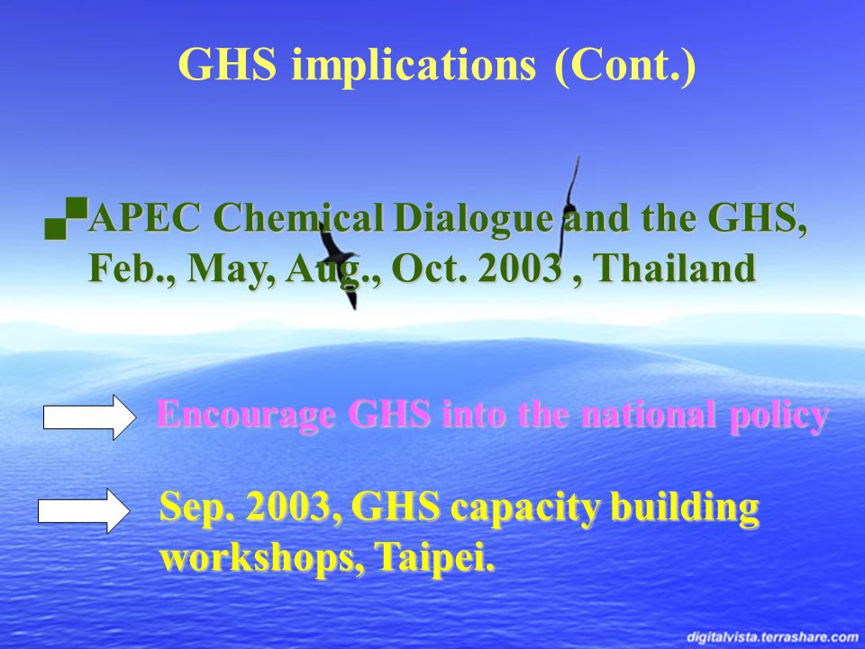 GHS implications (Cont.)  APEC Chemical Dialogue and the GHS, Feb., May, Aug., Oct.