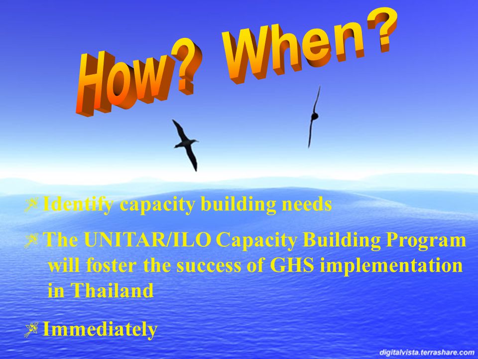  Identify capacity building needs  The UNITAR/ILO Capacity Building Program will foster the success of GHS implementation in Thailand  Immediately