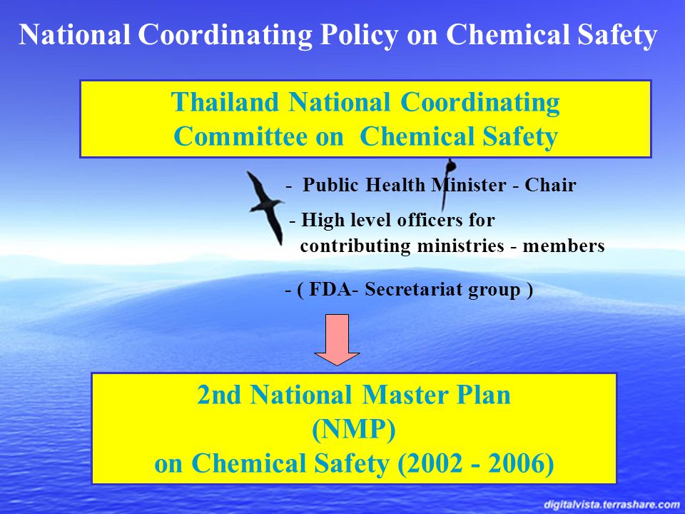 National Coordinating Policy on Chemical Safety 2nd National Master Plan (NMP) on Chemical Safety ( ) Thailand National Coordinating Committee on Chemical Safety - ( FDA- Secretariat group ) - Public Health Minister - Chair - High level officers for contributing ministries - members