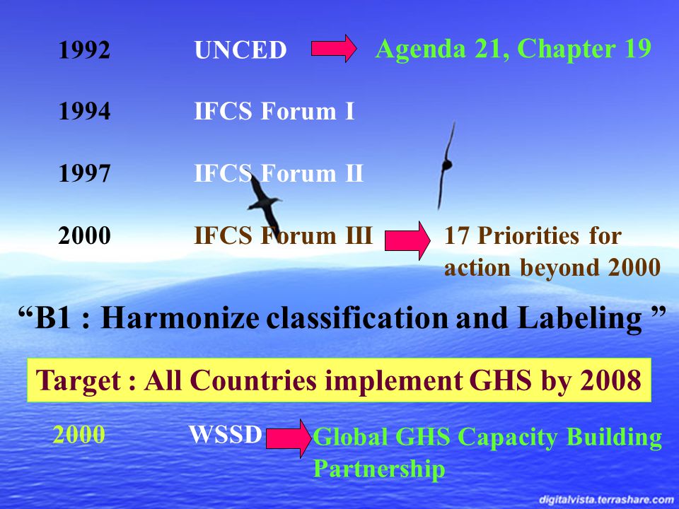 1992UNCED 1994IFCS Forum I 1997IFCS Forum II 2000IFCS Forum III Agenda 21, Chapter Priorities for action beyond 2000 Target : All Countries implement GHS by WSSD Global GHS Capacity Building Partnership B1 : Harmonize classification and Labeling