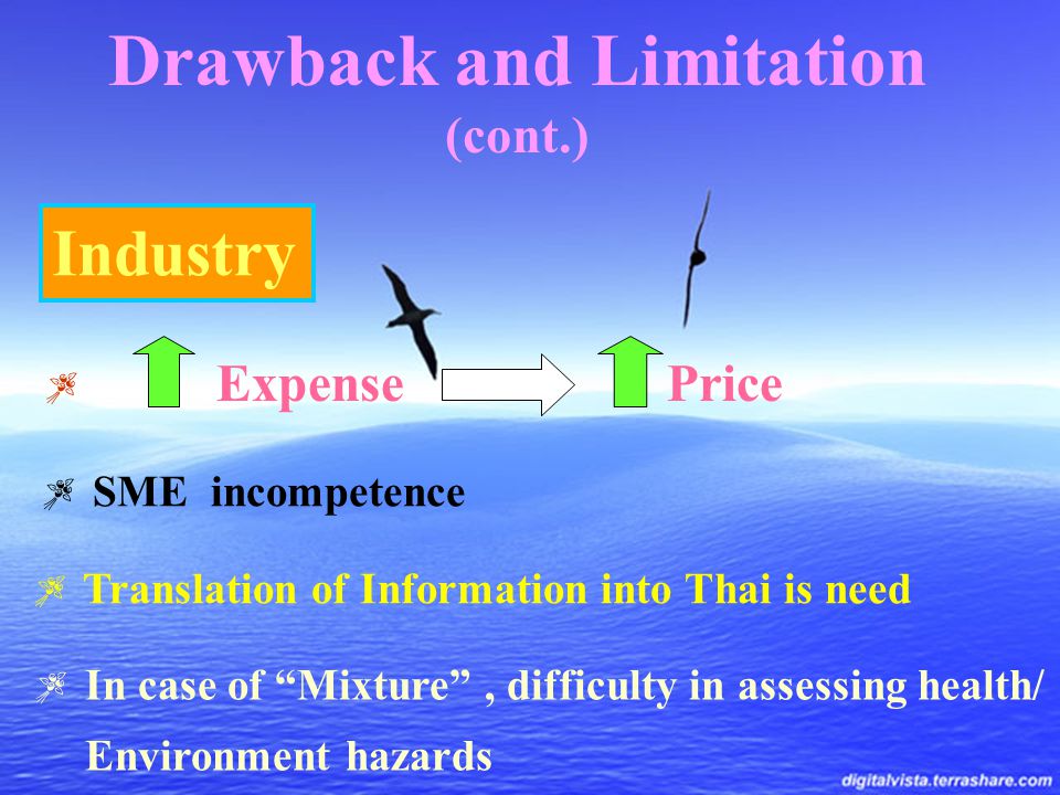 Drawback and Limitation (cont.) Industry Expense  SME incompetence Price  In case of Mixture , difficulty in assessing health/ Environment hazards  Translation of Information into Thai is need 