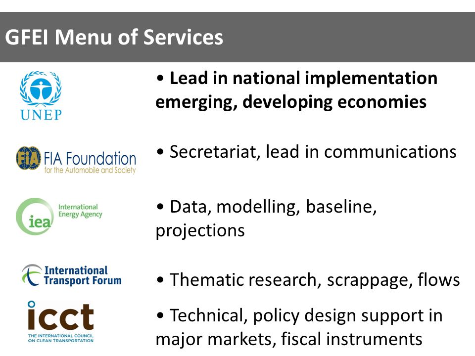 GFEI Menu of Services Lead in national implementation emerging, developing economies Secretariat, lead in communications Data, modelling, baseline, projections Thematic research, scrappage, flows Technical, policy design support in major markets, fiscal instruments