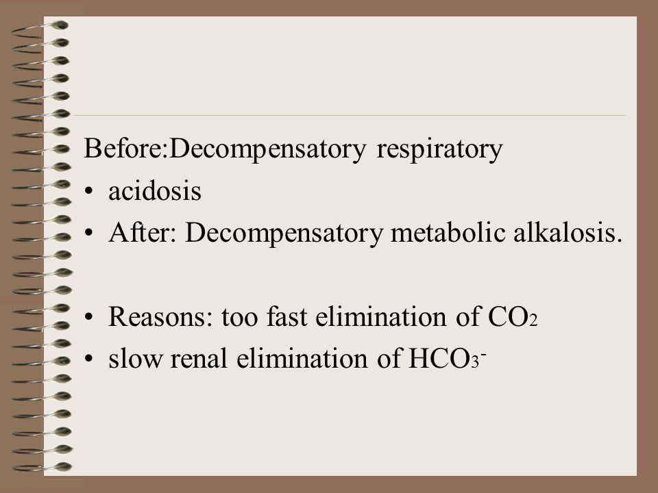 Before:Decompensatory respiratory acidosis After: Decompensatory metabolic alkalosis.