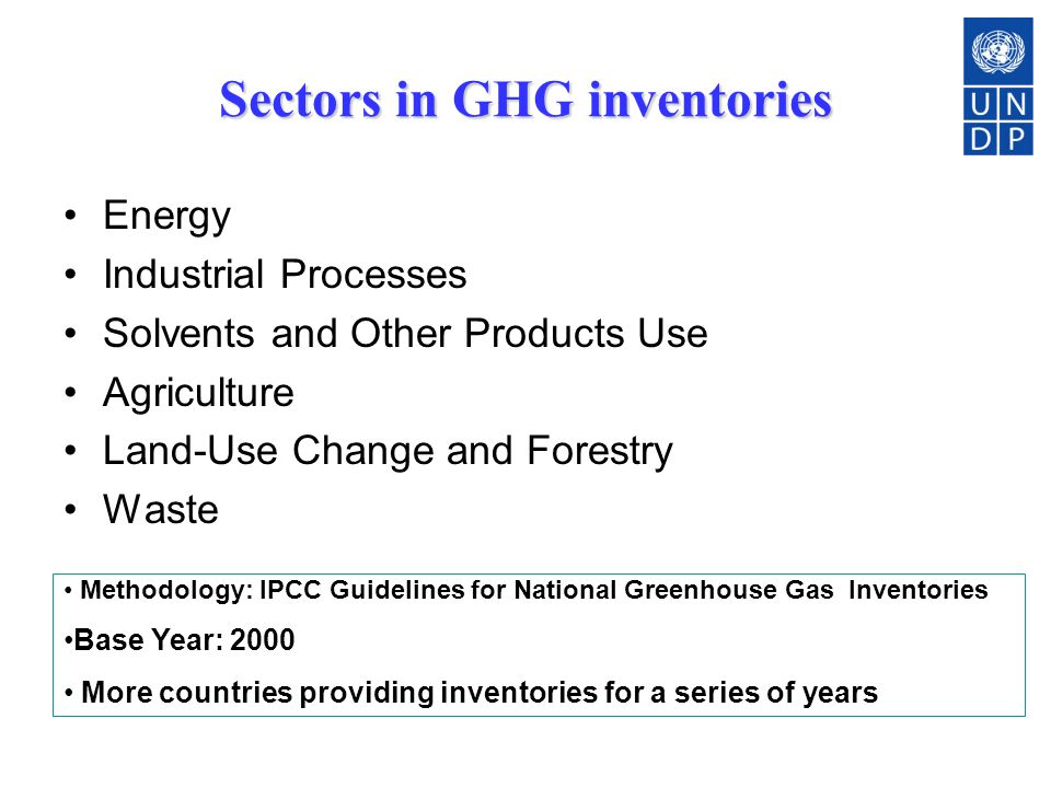 Sectors in GHG inventories Energy Industrial Processes Solvents and Other Products Use Agriculture Land-Use Change and Forestry Waste Methodology: IPCC Guidelines for National Greenhouse Gas Inventories Base Year: 2000 More countries providing inventories for a series of years