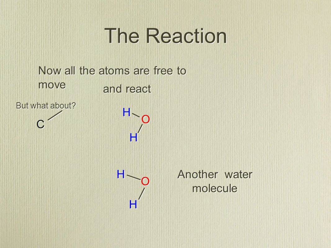 The Reaction C C H H H H O O Now all the atoms are free to move and react O O H H H H Another water molecule But what about