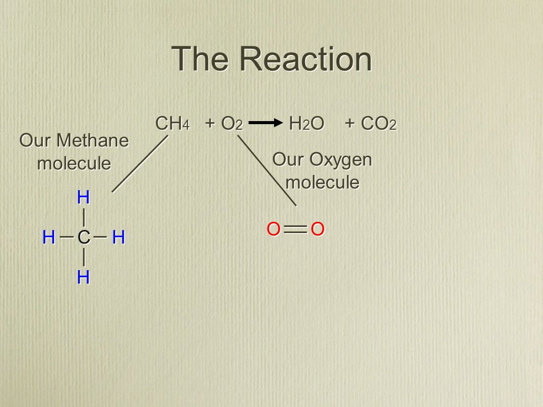 The Reaction CH 4 + O 2 H2OH2O H2OH2O + CO 2 C C H H H H H H H H O O O O Our Methane molecule Our Oxygen molecule