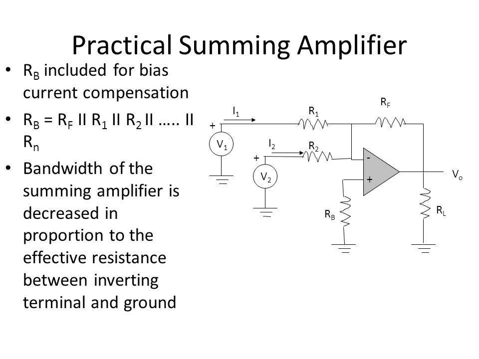 Practical Summing Amplifier R B included for bias current compensation R B = R F II R 1 II R 2 II …..