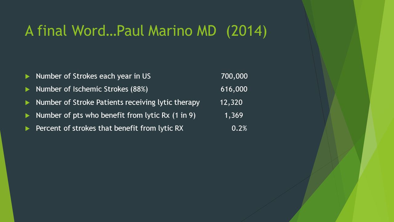 A final Word…Paul Marino MD (2014)  Number of Strokes each year in US 700,000  Number of Ischemic Strokes (88%) 616,000  Number of Stroke Patients receiving lytic therapy 12,320  Number of pts who benefit from lytic Rx (1 in 9) 1,369  Percent of strokes that benefit from lytic RX 0.2%