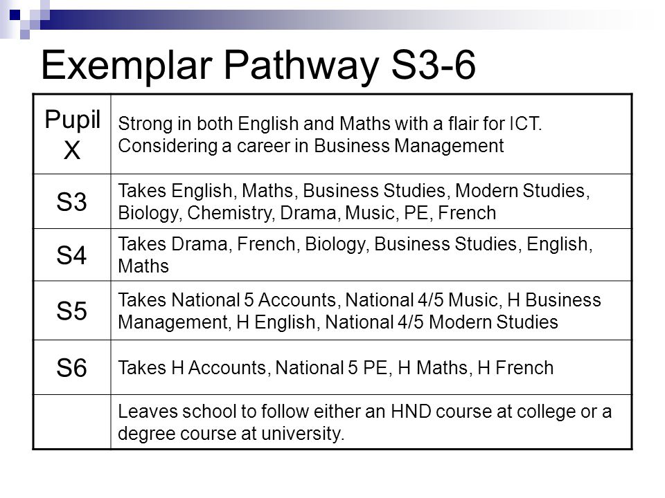 Exemplar Pathway S3-6 Pupil X Strong in both English and Maths with a flair for ICT.
