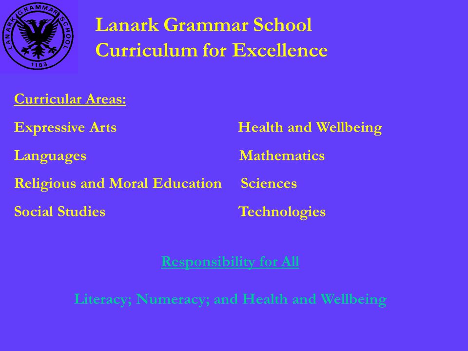 Lanark Grammar School Curriculum for Excellence Curricular Areas: Expressive Arts Health and Wellbeing Languages Mathematics Religious and Moral Education Sciences Social Studies Technologies Responsibility for All Literacy; Numeracy; and Health and Wellbeing