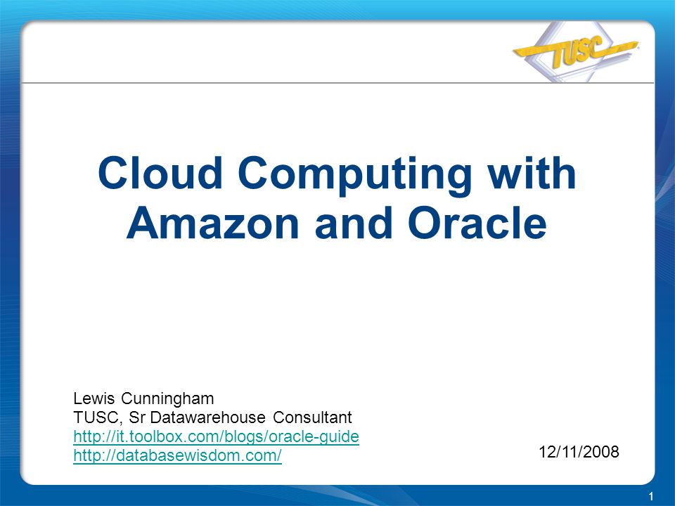 1 Cloud Computing with Amazon and Oracle Lewis Cunningham TUSC, Sr Datawarehouse Consultant /11/2008
