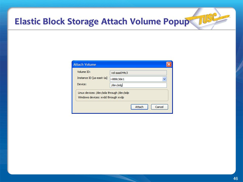 46 Elastic Block Storage Attach Volume Popup
