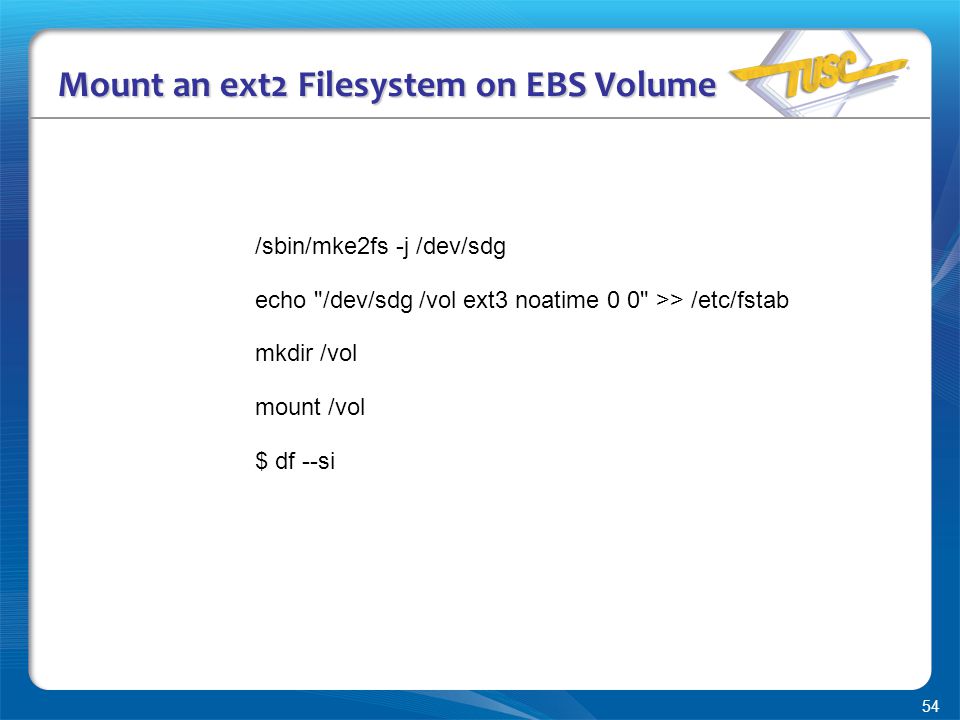 54 Mount an ext2 Filesystem on EBS Volume /sbin/mke2fs -j /dev/sdg echo /dev/sdg /vol ext3 noatime 0 0 >> /etc/fstab mkdir /vol mount /vol $ df --si