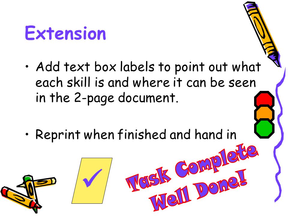 Extension Add text box labels to point out what each skill is and where it can be seen in the 2-page document.