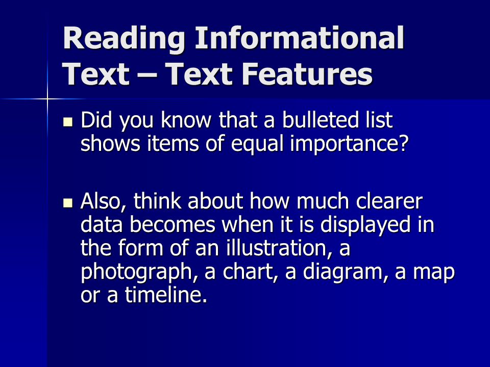 Reading Informational Text – Text Features Did you know that a bulleted list shows items of equal importance.