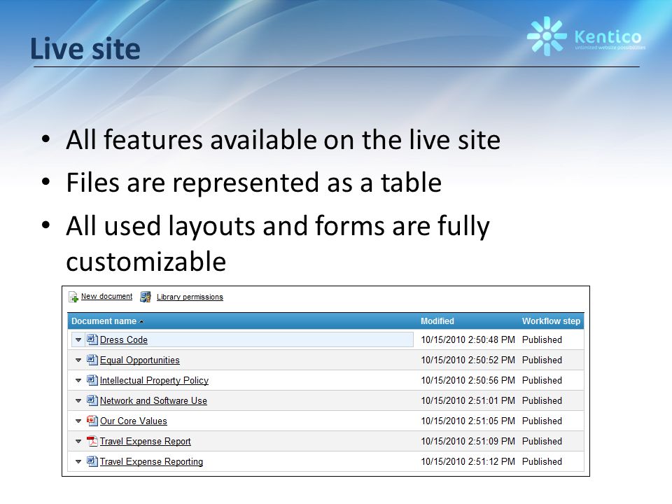 Live site All features available on the live site Files are represented as a table All used layouts and forms are fully customizable