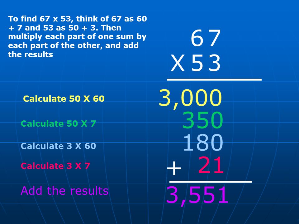 Calculate 50 X X 53 Calculate 50 X 7 3, Calculate 3 X 60 Calculate 3 X 7 + Add the results 3,551 To find 67 x 53, think of 67 as and 53 as
