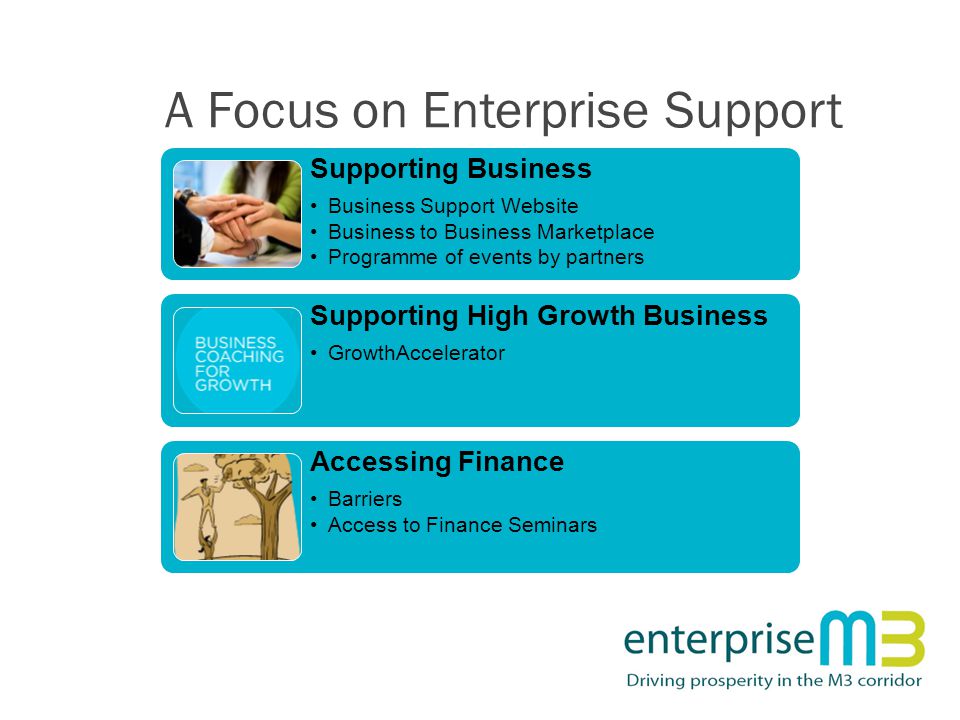 A Focus on Enterprise Support Supporting Business Business Support Website Business to Business Marketplace Programme of events by partners Supporting High Growth Business GrowthAccelerator Accessing Finance Barriers Access to Finance Seminars