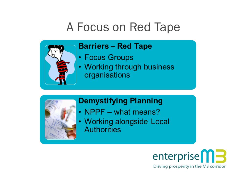A Focus on Red Tape Barriers – Red Tape Focus Groups Working through business organisations Demystifying Planning NPPF – what means.