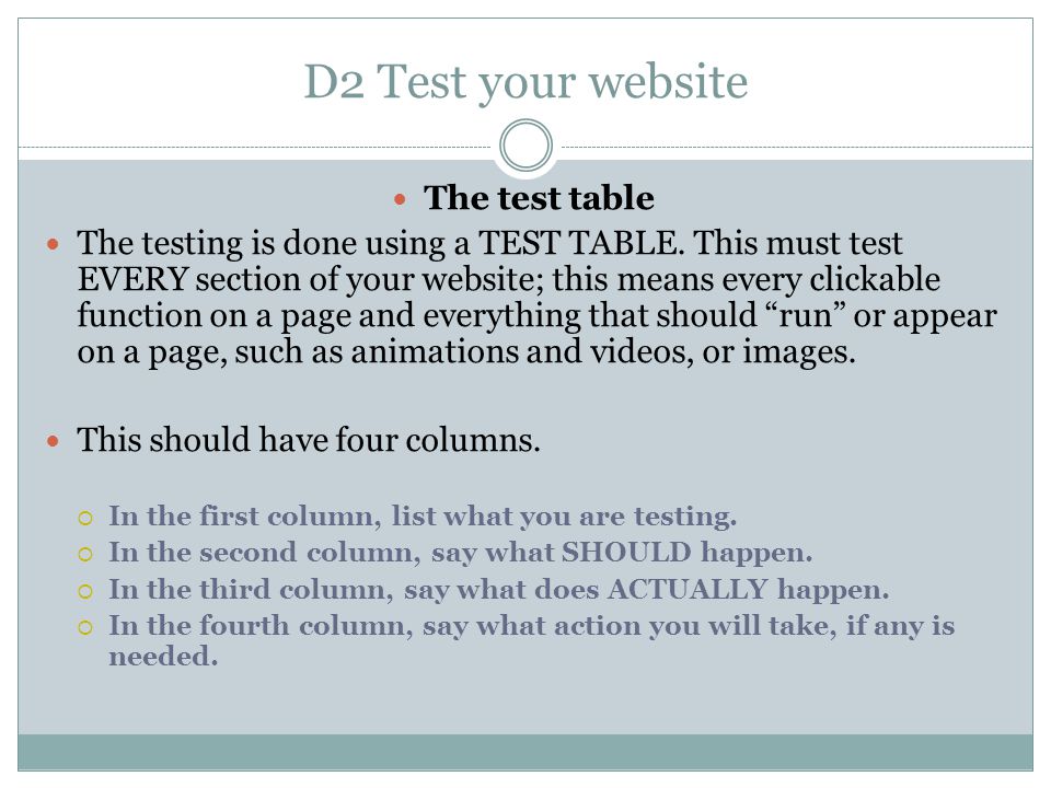 D2 Test your website The test table The testing is done using a TEST TABLE.
