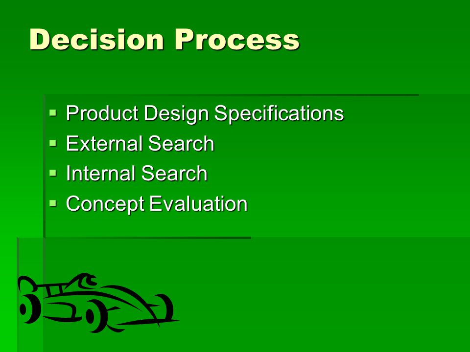 Decision Process  Product Design Specifications  External Search  Internal Search  Concept Evaluation