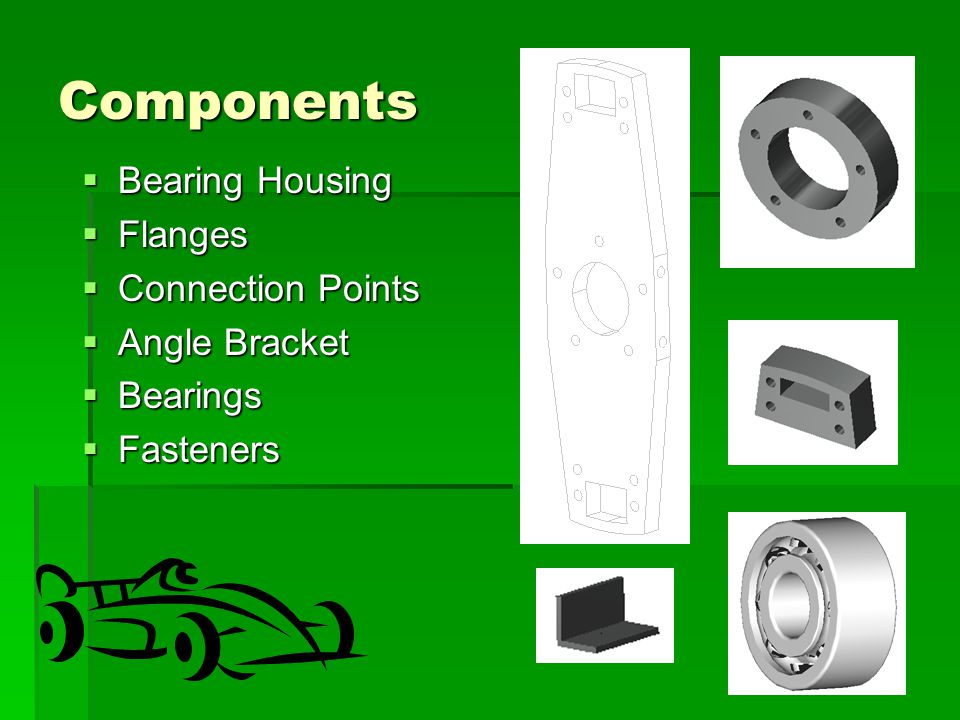 Components  Bearing Housing  Flanges  Connection Points  Angle Bracket  Bearings  Fasteners