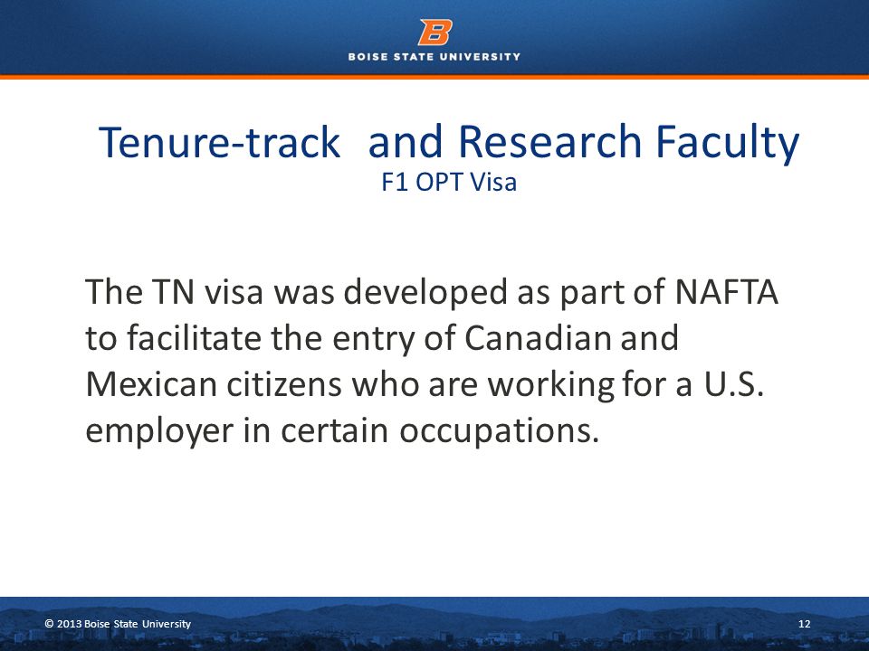 © 2013 Boise State University12 The TN visa was developed as part of NAFTA to facilitate the entry of Canadian and Mexican citizens who are working for a U.S.