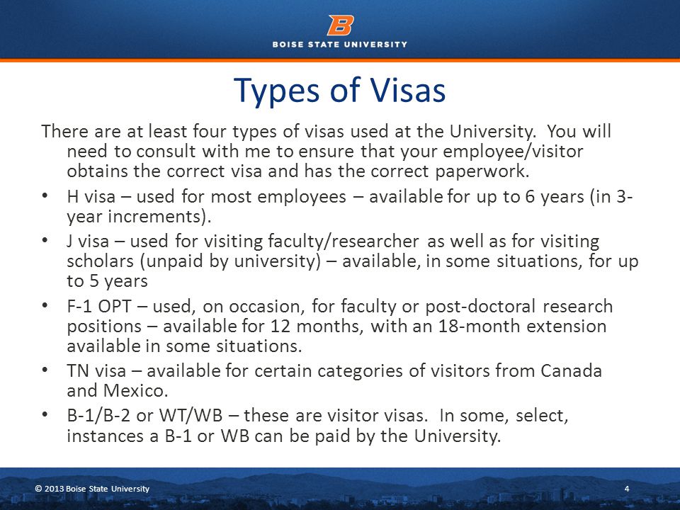 © 2013 Boise State University4 Types of Visas There are at least four types of visas used at the University.