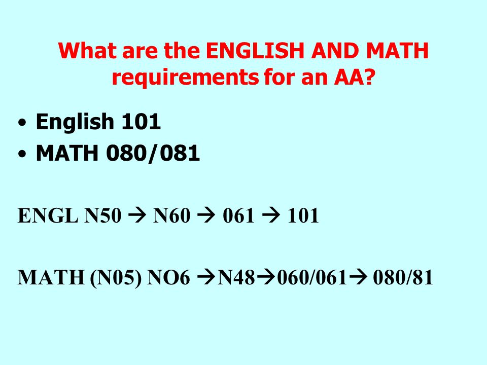 What are the ENGLISH AND MATH requirements for an AA.