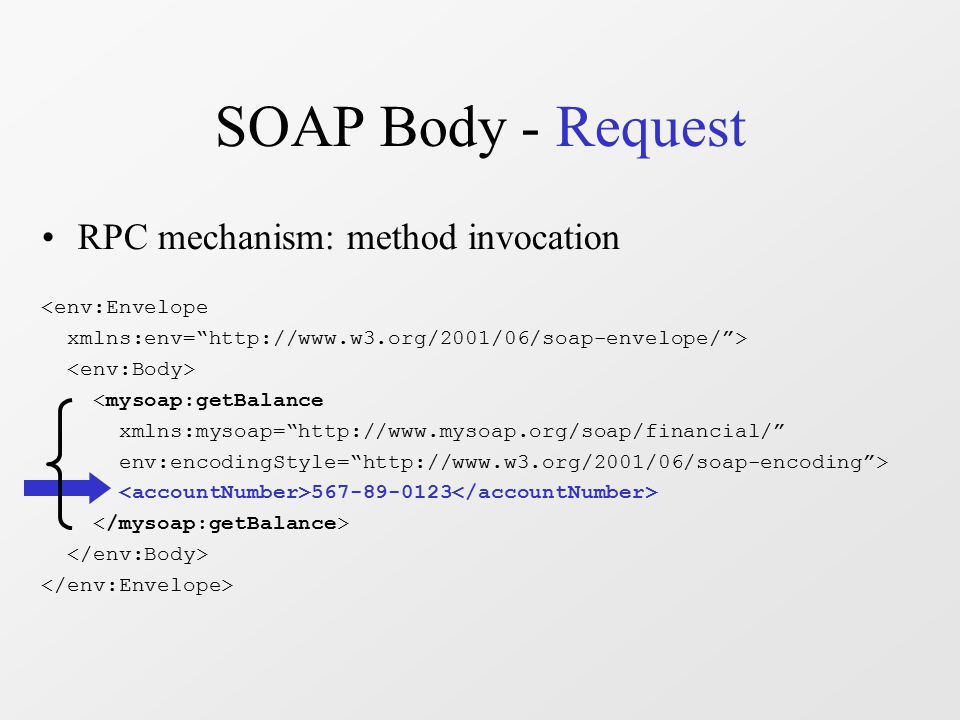 SOAP Body - Request RPC mechanism: method invocation <env:Envelope xmlns:env=   > <mysoap:getBalance xmlns:mysoap=   env:encodingStyle=   >