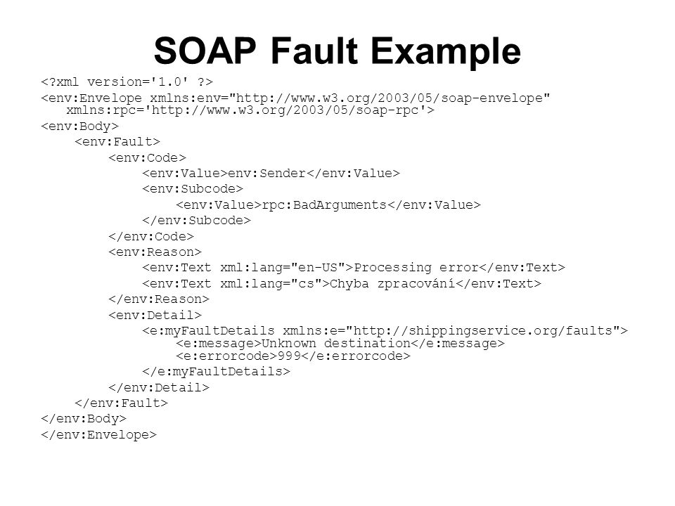 SOAP Fault Example env:Sender rpc:BadArguments Processing error Chyba zpracování Unknown destination 999