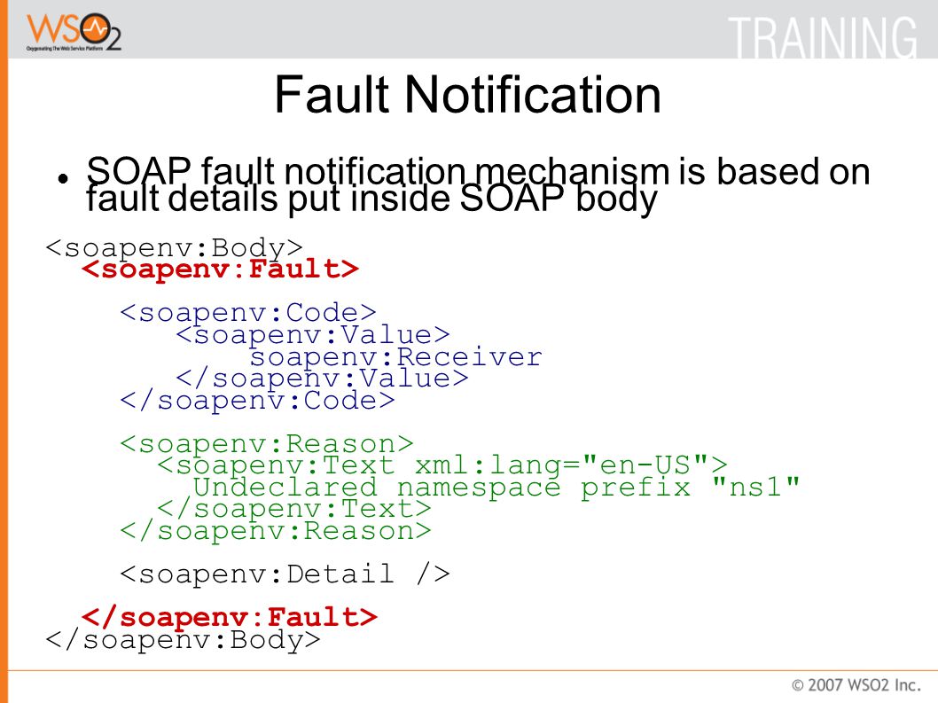 Fault Notification SOAP fault notification mechanism is based on fault details put inside SOAP body soapenv:Receiver Undeclared namespace prefix ns1