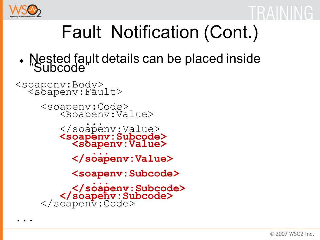 Fault Notification (Cont.)‏ Nested fault details can be placed inside Subcode