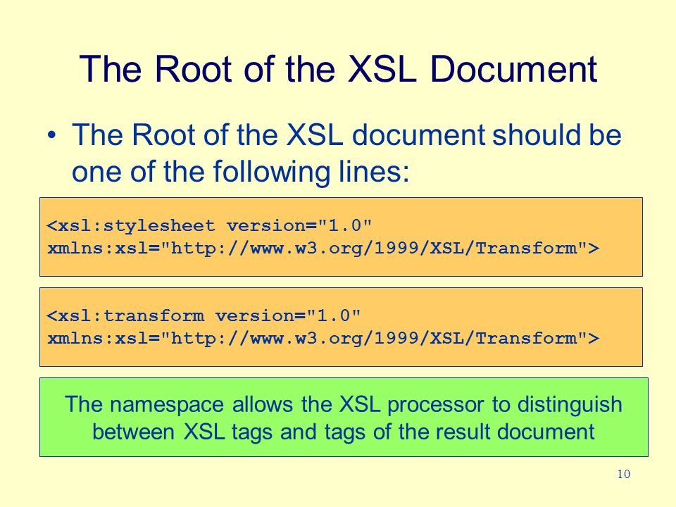 10 The Root of the XSL Document The Root of the XSL document should be one of the following lines: <xsl:stylesheet version= 1.0 xmlns:xsl=   > <xsl:transform version= 1.0 xmlns:xsl=   > The namespace allows the XSL processor to distinguish between XSL tags and tags of the result document