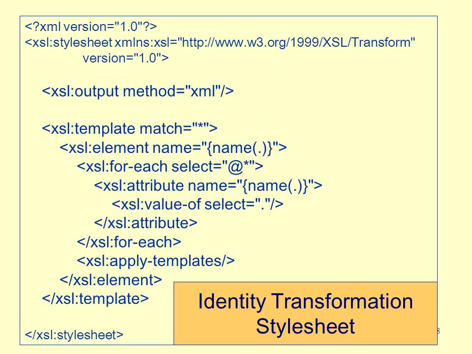 48 <xsl:stylesheet xmlns:xsl=   version= 1.0 > Identity Transformation Stylesheet