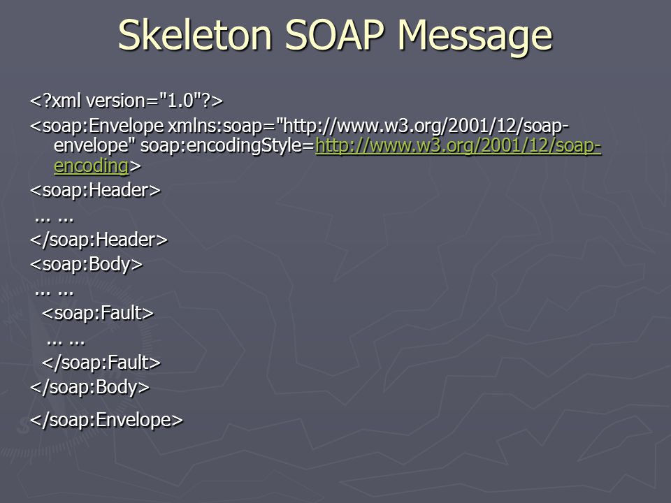 Skeleton SOAP Message   encodinghttp://  encoding<soap:Header> </soap:Header><soap:Body>