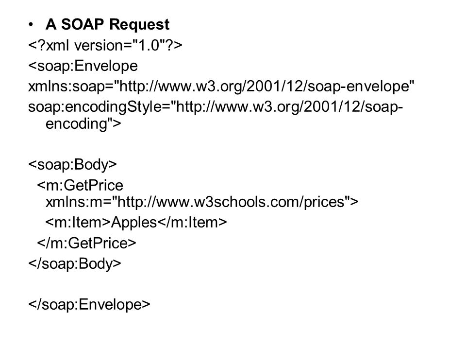 A SOAP Request <soap:Envelope xmlns:soap=   soap:encodingStyle=   encoding > Apples