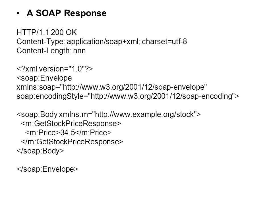 A SOAP Response HTTP/ OK Content-Type: application/soap+xml; charset=utf-8 Content-Length: nnn <soap:Envelope xmlns:soap=   soap:encodingStyle=   > 34.5