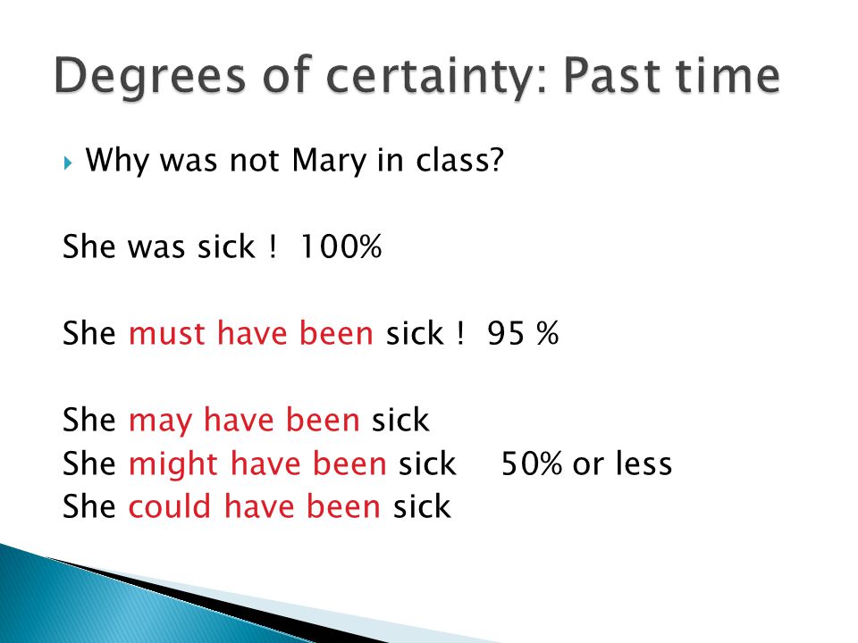  Why was not Mary in class. She was sick . 100% She must have been sick .