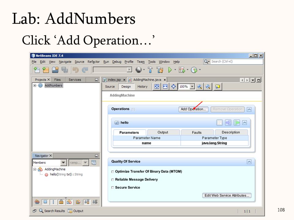 108 Click ‘Add Operation…’ Lab: AddNumbers