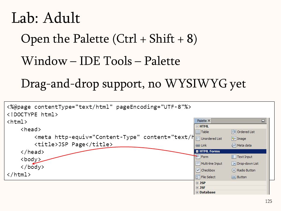 125 Open the Palette (Ctrl + Shift + 8) Window – IDE Tools – Palette Drag-and-drop support, no WYSIWYG yet Lab: Adult JSP Page