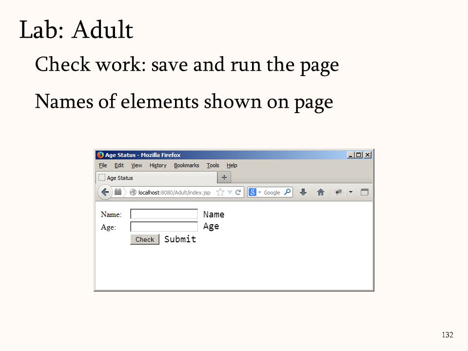 132 Lab: Adult Check work: save and run the page Names of elements shown on page Name Age Submit