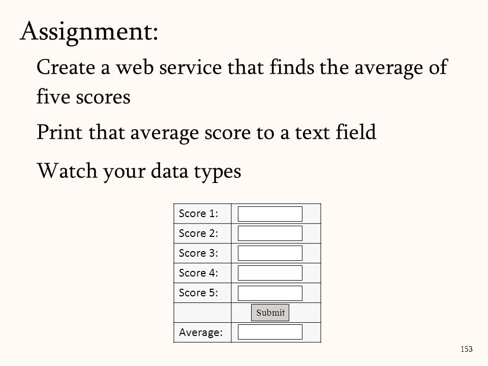 Create a web service that finds the average of five scores Print that average score to a text field Watch your data types Assignment: 153 Score 1: Score 2: Score 3: Score 4: Score 5: Average: Submit