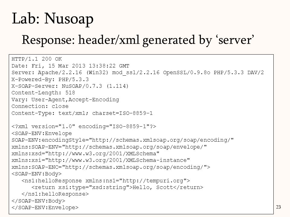 Response: header/xml generated by ‘server’ Lab: Nusoap 23 HTTP/ OK Date: Fri, 15 Mar :38:22 GMT Server: Apache/ (Win32) mod_ssl/ OpenSSL/0.9.8o PHP/5.3.3 DAV/2 X-Powered-By: PHP/5.3.3 X-SOAP-Server: NuSOAP/0.7.3 (1.114) Content-Length: 518 Vary: User-Agent,Accept-Encoding Connection: close Content-Type: text/xml; charset=ISO <SOAP-ENV:Envelope SOAP-ENV:encodingStyle=   xmlns:SOAP-ENV=   xmlns:xsd=   xmlns:xsi=   xmlns:SOAP-ENC=   > Hello, Scott