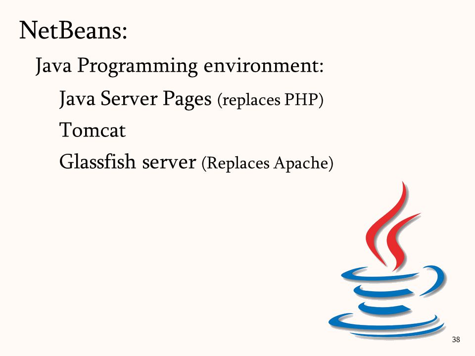 Java Programming environment: Java Server Pages (replaces PHP) Tomcat Glassfish server (Replaces Apache) NetBeans: 38