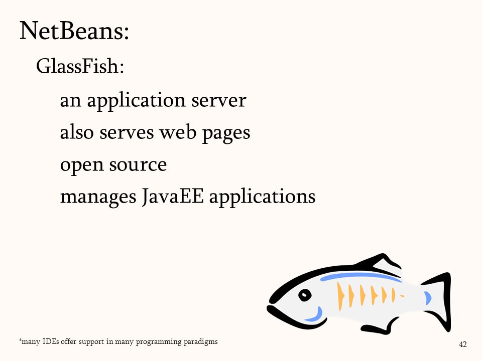GlassFish: an application server also serves web pages open source manages JavaEE applications NetBeans: 42 *many IDEs offer support in many programming paradigms