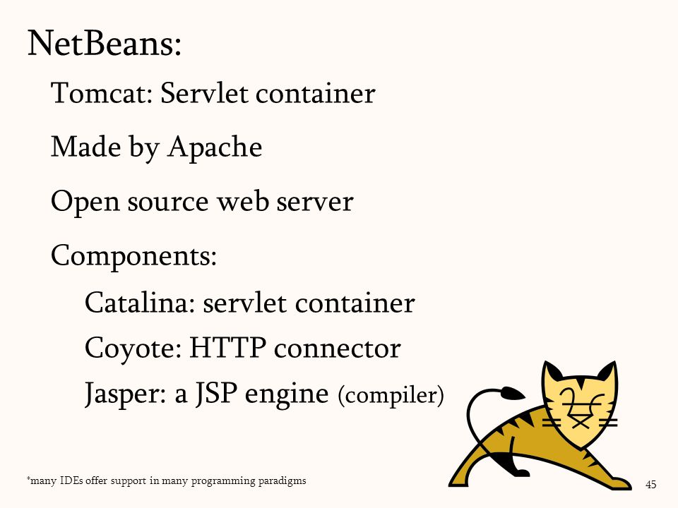 Tomcat: Servlet container Made by Apache Open source web server Components: Catalina: servlet container Coyote: HTTP connector Jasper: a JSP engine (compiler) NetBeans: 45 *many IDEs offer support in many programming paradigms